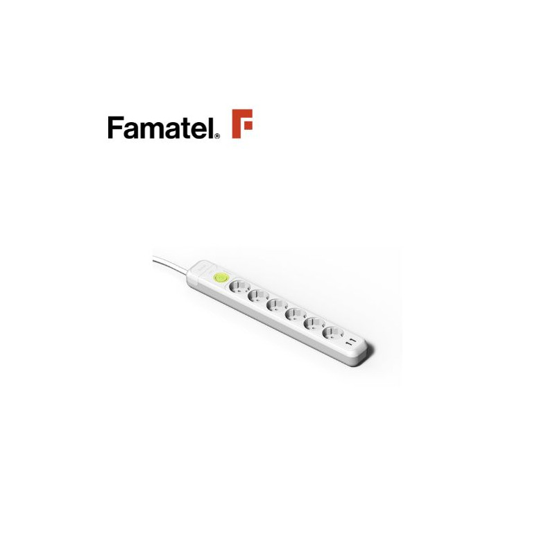 Base 6 Tomas TT 3x1,5mm 1,5 metros de cable con interruptor + 2 USB Blanco (A) FAMATEL