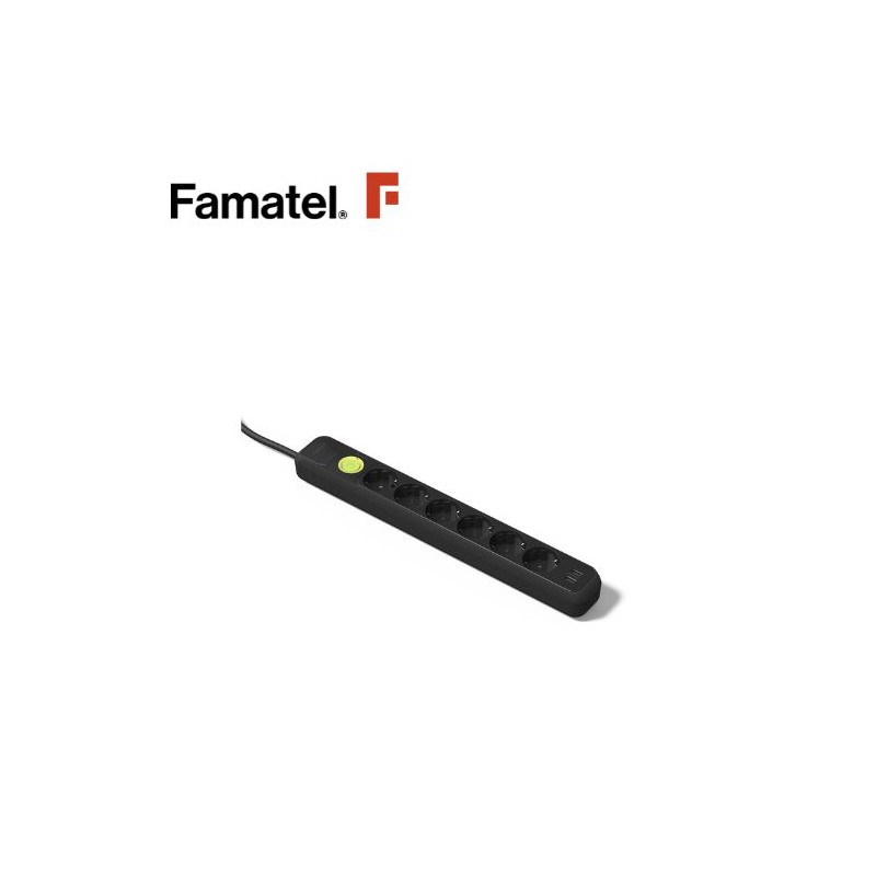 Base 6 Tomas TT 3x1,5mm 1,5 metros de cable con interruptor + 2 USB Negro (A) FAMATEL C1