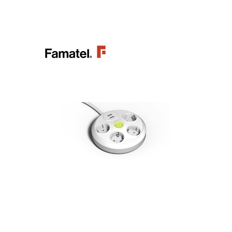 Base 4 Tomas TT 3x1,5mm 1,5 metros de cable con interruptor + 2 Toma USB Tipo A Blanca (A)FAMATEL