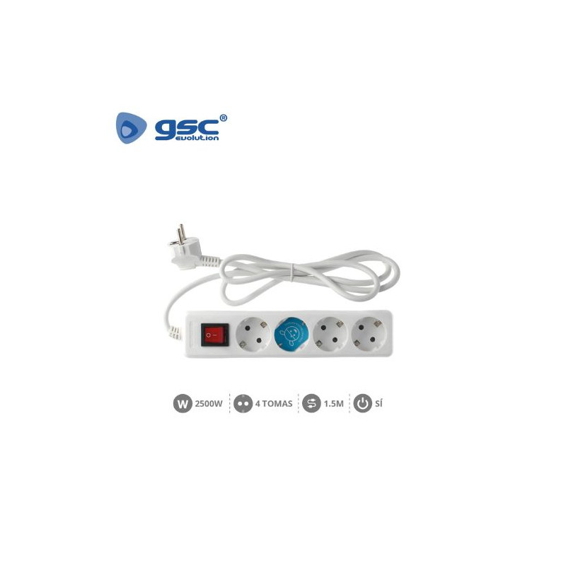 Base 4 Tomas TT 3x1,0mm 1,5 metros de cable con interruptor Blanca GSC C1/15