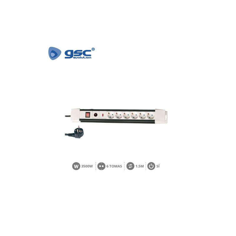 Base 6 Tomas TT 3x1,5mm 1,5 metros de cable con interruptor y proteccion GSC C1/30