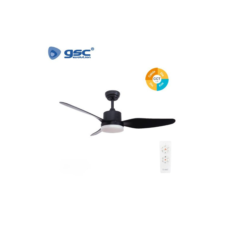 Ventilador de techo CCT Tono de luz ajustable y mando Diámetro117cm 3 aspas Negro Bumera GSC