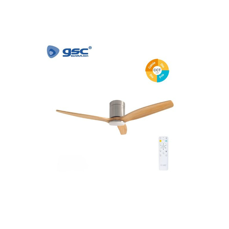 Ventilador de techo CCT Tono de luz ajustable y mando 40W Diámetro 132cm 3 aspas Níquel Kasama GSC