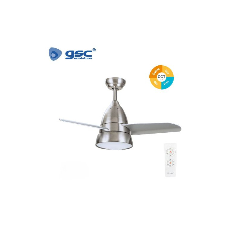 Ventilador de techo CCT Tono de luz ajustable y mando 63W Diámetro 91cm 3 aspas Níquel Kidau GSC