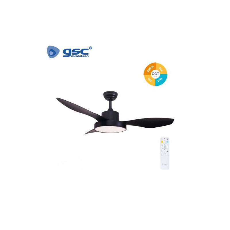 Ventilador de techo CCT Tono de luz ajustable y mando 40W Diámetro 122cm 3 aspas Negro Biula GSC
