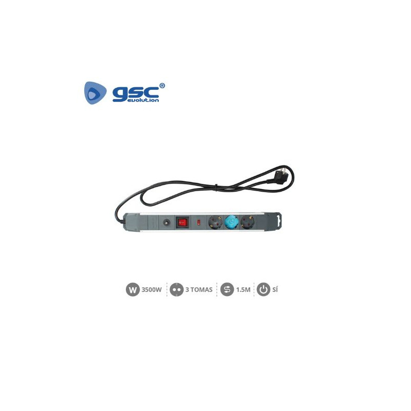 Base 3 Tomas TT 3x1,5mm 1,5 metros de cable con interruptor y proteccion Aluminio (B) GSC C1/20