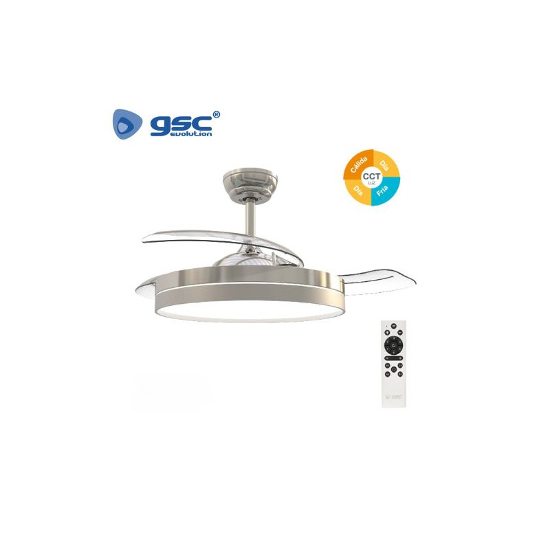 Ventilador de techo CCT Tono de luz ajustable y mando 19W Diámetro 107cm 3 aspas Níquel Lugela GSC