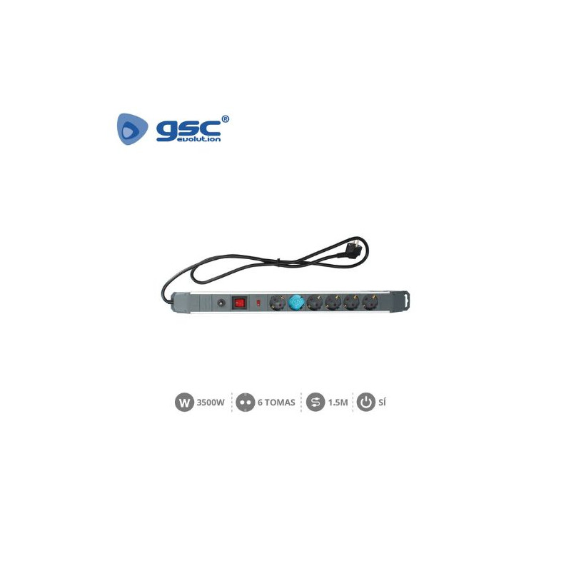 Base 6 Tomas TT 3x1,5mm 1,5 metros de cable con interruptor y proteccion Aluminio (B) GSC C1/20