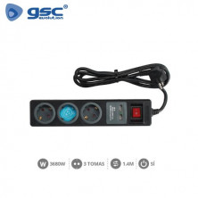 Base 3 Tomas TT + 2 USB 3x1,5mm 1,4 metros de cable con interruptor Negra GSC C1/20