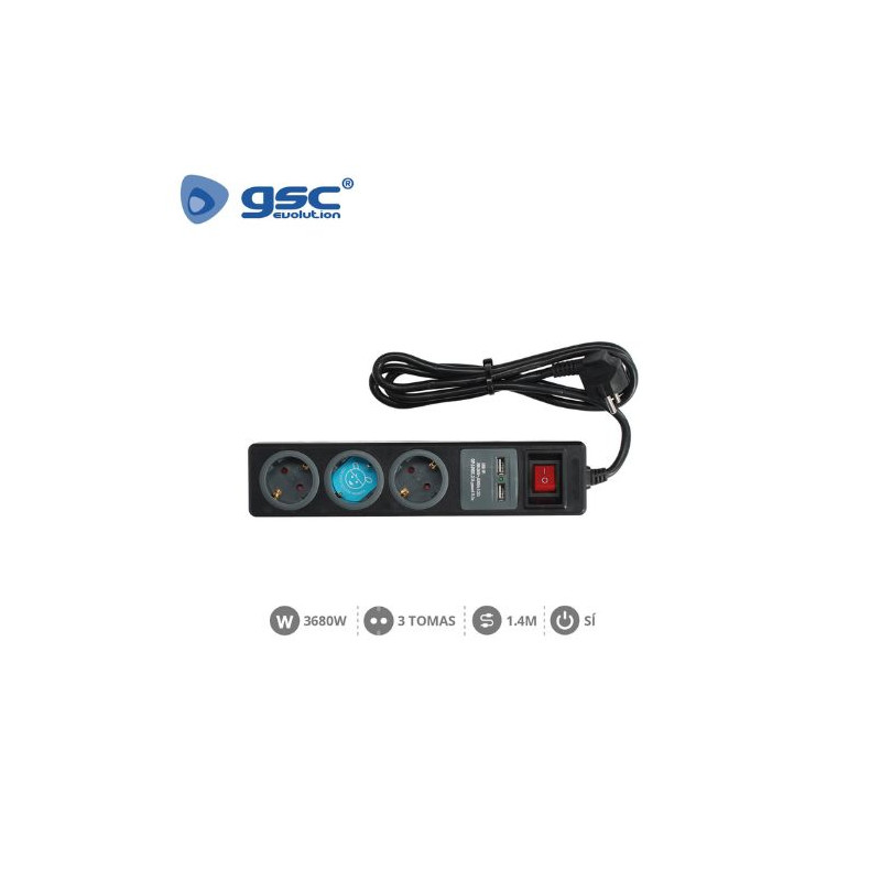 Base 3 Tomas TT + 2 USB 3x1,5mm 1,4 metros de cable con interruptor Negra GSC C1/20