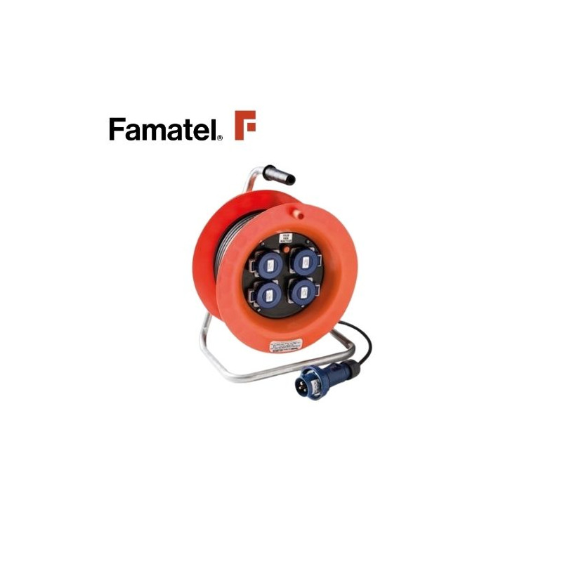 Enrollacable 30m 3x1,5mm 4 tomas Schuko con neopreno IP67 220V FAMATEL