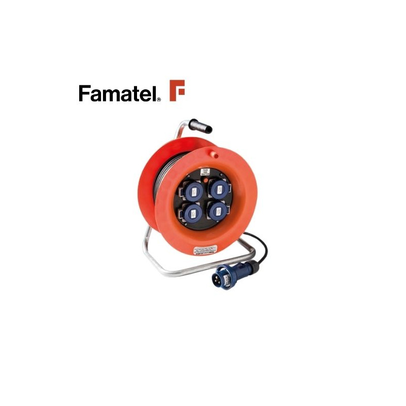 Enrollacable 50m 3x1,5mm 4 tomas Schuko con clavija CETAC 2P+T con neopreno IP67 220V FAMATEL