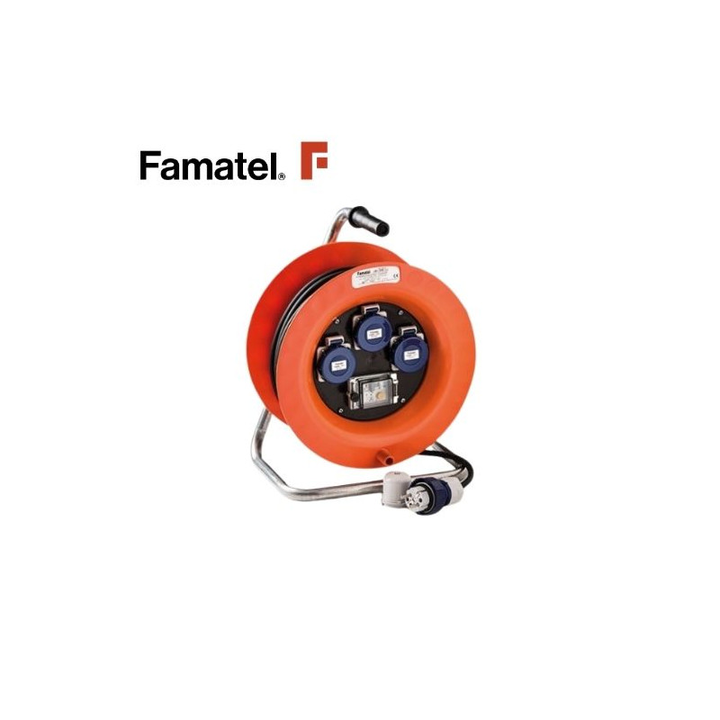 Enrollacable 30m 3x1,5mm 3 tomas Schuko y Diferencial con neopreno IP67 220V FAMATEL