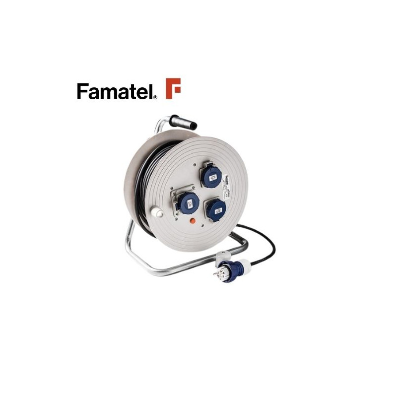 Enrollacable 50m 3x1,5mm 3 tomas Schuko TT con neopreno IP67 220V FAMATEL