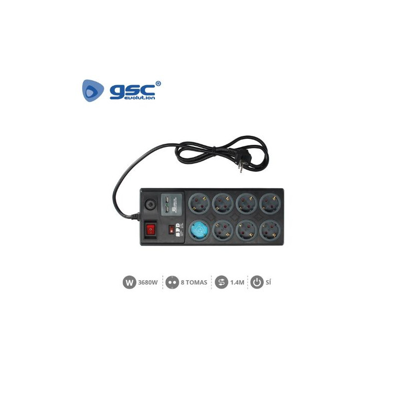 Base 8 Tomas TT 3x1,5mm 1,4 metros de cable con interruptor+ 2 USB Tipo A Negra GSC C1/10