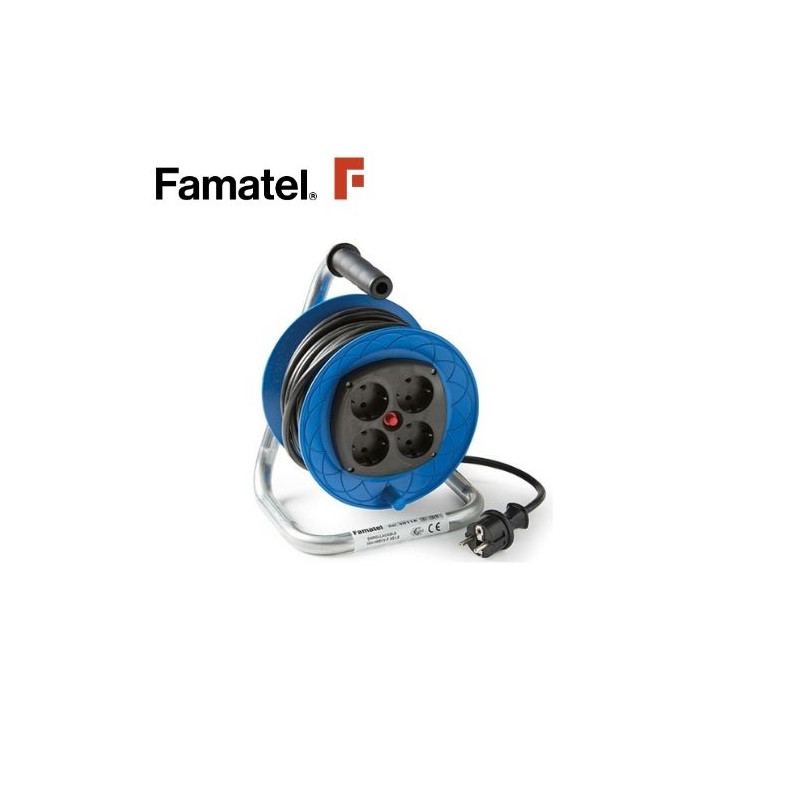 Enrollacable 15m 3x1,5mm 4 tomas Schuko con Disyuntor IP20 220V FAMATEL