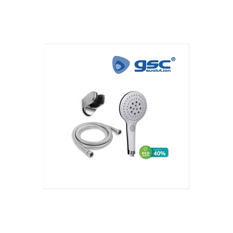 Kit de ducha ECO ahorro Teléfono Alcachofa 129 mm 3 funciones + Flexo + Soporte ajustable GSC C1/20