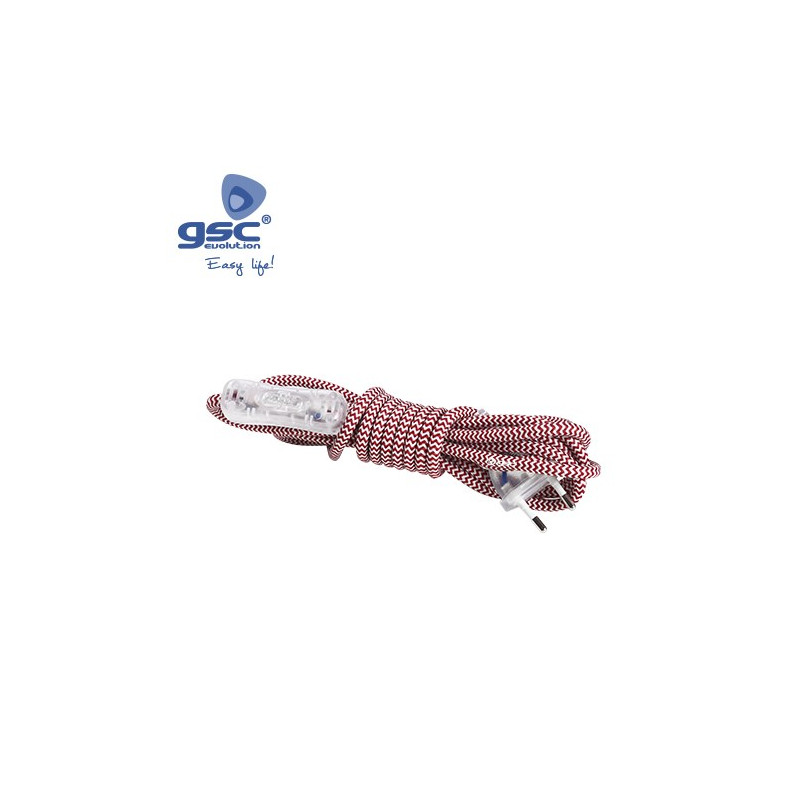 Cable textil 1,5m 2x0,75mm con clavija e interruptor Rojo Blanco GSC C1/25
