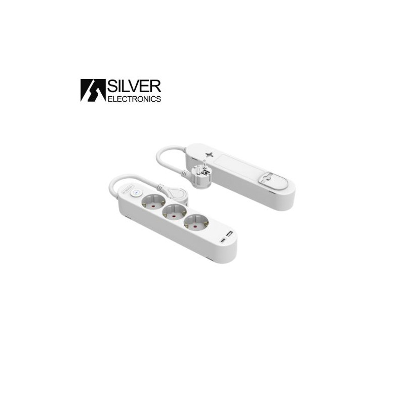 Base 3 Tomas TT 3x1,5mm 1,5 metros de cable c/ interr. + 2 Conexión USB (Tipo A+ Tipo C) SILVER C1/5