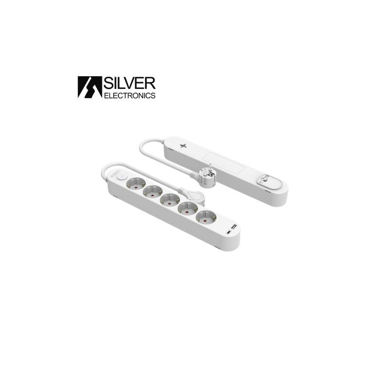 Base 5 Tomas TT 3x1,5mm 1,5 metros de cable c/ interr. + 2 Conexión USB (Tipo A+ Tipo C) SILVER C1/5