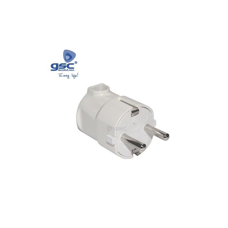 Clavija 16A 220V TT Lateral Blanco Bipolar Termoplástico Diámetro 4,8mm Retractilado GSC C480/1