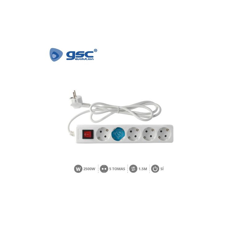 Base 5 Tomas TT 3x1,0mm 1,5 metros de cable con interruptor Blanca GSC C1/15
