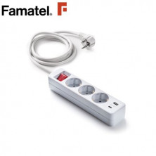 Base 3 Tomas TT 3x1,5mm 1,5 metros de cable con interruptor + 2 USB (Tipo A y tipo C) Blanca FAMATEL