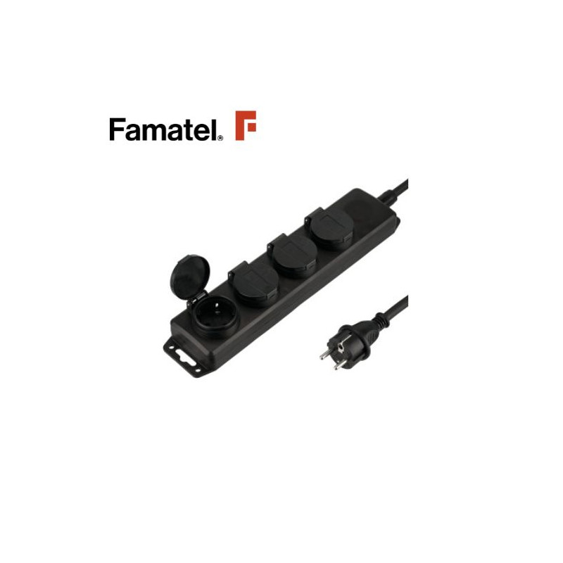 Base 4 Tomas TT 3x1,5mm 1,5 metros de cable con interruptor y tapas Negra FAMATEL