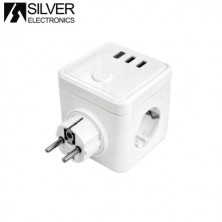 Base 3 tomas TT 3x1,5mm Conexión USB 2+ Tipo C. Medidor consumo, Smart WiFi, Bluetooth Blanco SILVER