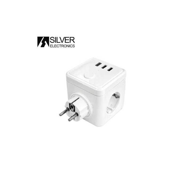 Base 3 tomas TT 3x1,5mm Conexión USB 2+ Tipo C. Medidor consumo, Smart WiFi, Bluetooth Blanco SILVER