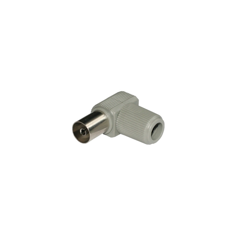 Conector Hembra TV 9.5mm acodada. Blindada. Economica. Gris
