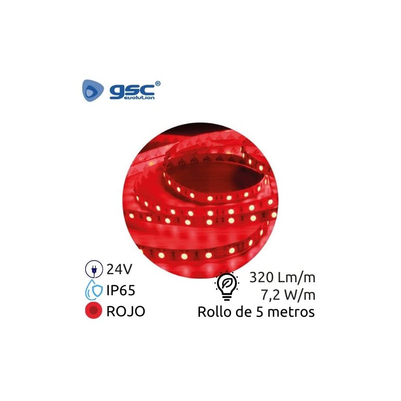 Tira LED 5m 24V 7,2w/m Rojo Ancho 10mm SMD 5050 IP65 GSC UUS