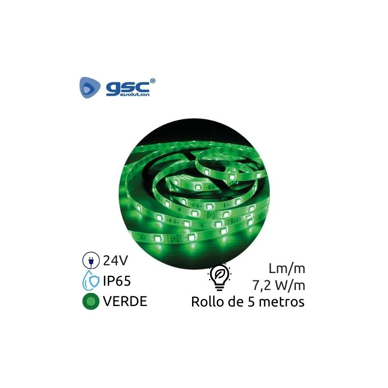 Tira LED 5m 24V 7,2w/m Verde Ancho 10mm SMD 5050 IP65 GSC UUS