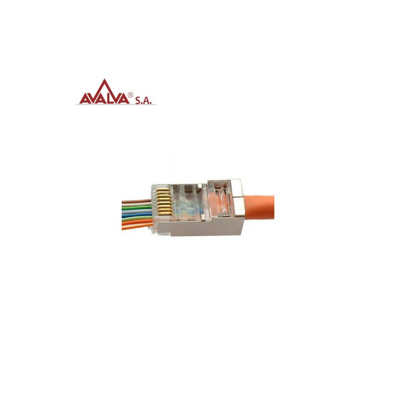 Conector modular 8P8C pasante Blindado para Cable rígido Cat6 AVALVA