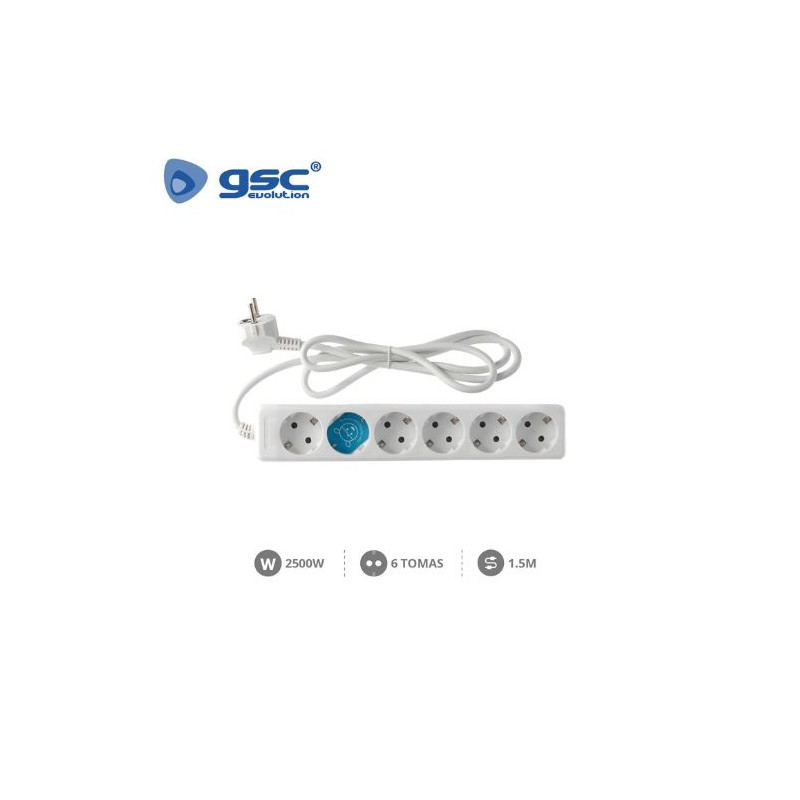 Base 6 Tomas TT 3x1,0mm 1,5 metros de cable Blanca GSC C1/15