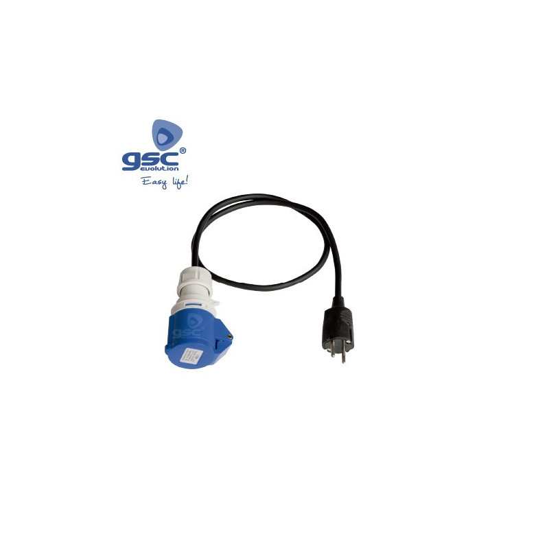 Adaptador base CETAC 2P+T a clavija Schuko con cable de 1m 16A 240V IP44 GSC