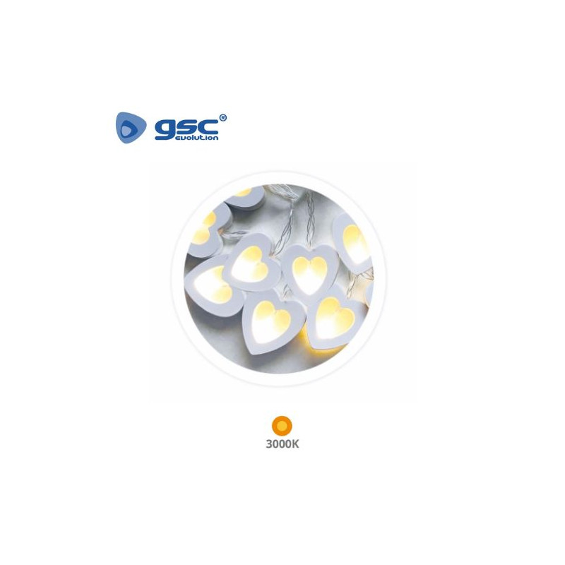 Guirnalda LED Decorativa 1,5m 10 leds Corazones de madera 2700-3000K Funciona a pilas IP20 GSC C1/24