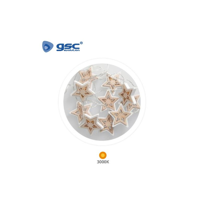 Guirnalda LED Decorativa 1,35m 10 Leds Estrellas Madera 3000K Funciona a pilas IP20 GSC C1/24