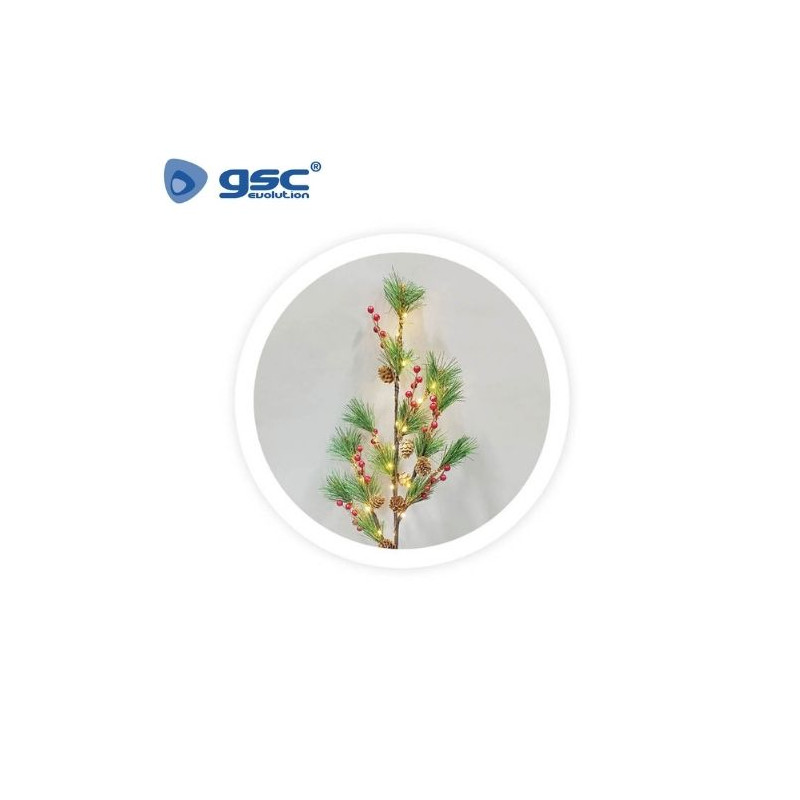 Rama decorativa LED de hojas de pino, piñas y bayas rojas 0,75M Luz cálida GSC C1/12