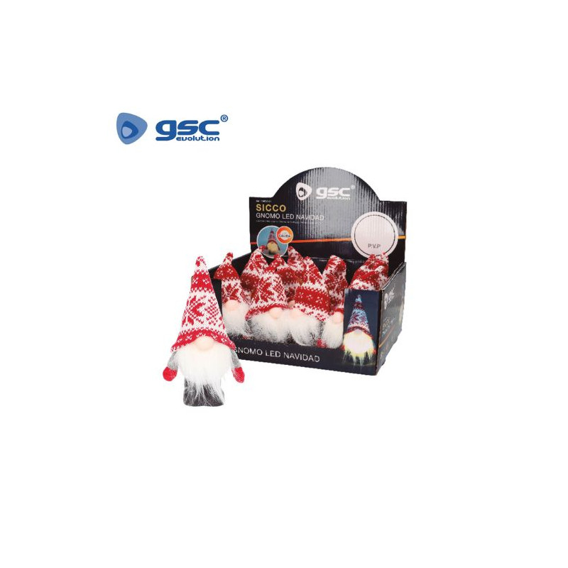 Gnomo de navidad LED de pie Sicco 16cm Funciona a pilas Rojo y blanco Caja 12 unidades (Precio unita