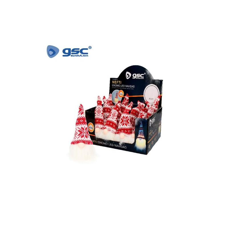 Gnomo de navidad LED Nefti 16cm Funciona a pilas Rojo y blanco Caja 12 unidades (Precio unitario) GS