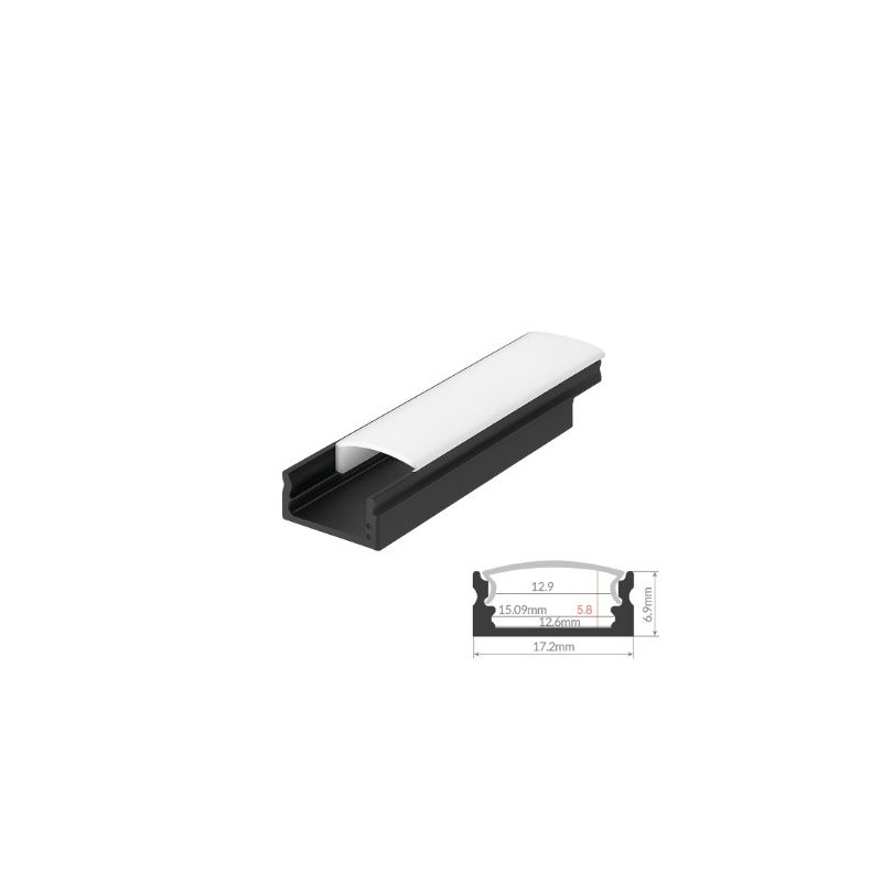 Perfil de aluminio 2m traslúcido Superficie para tiras LED hasta 12mm Negro GSC